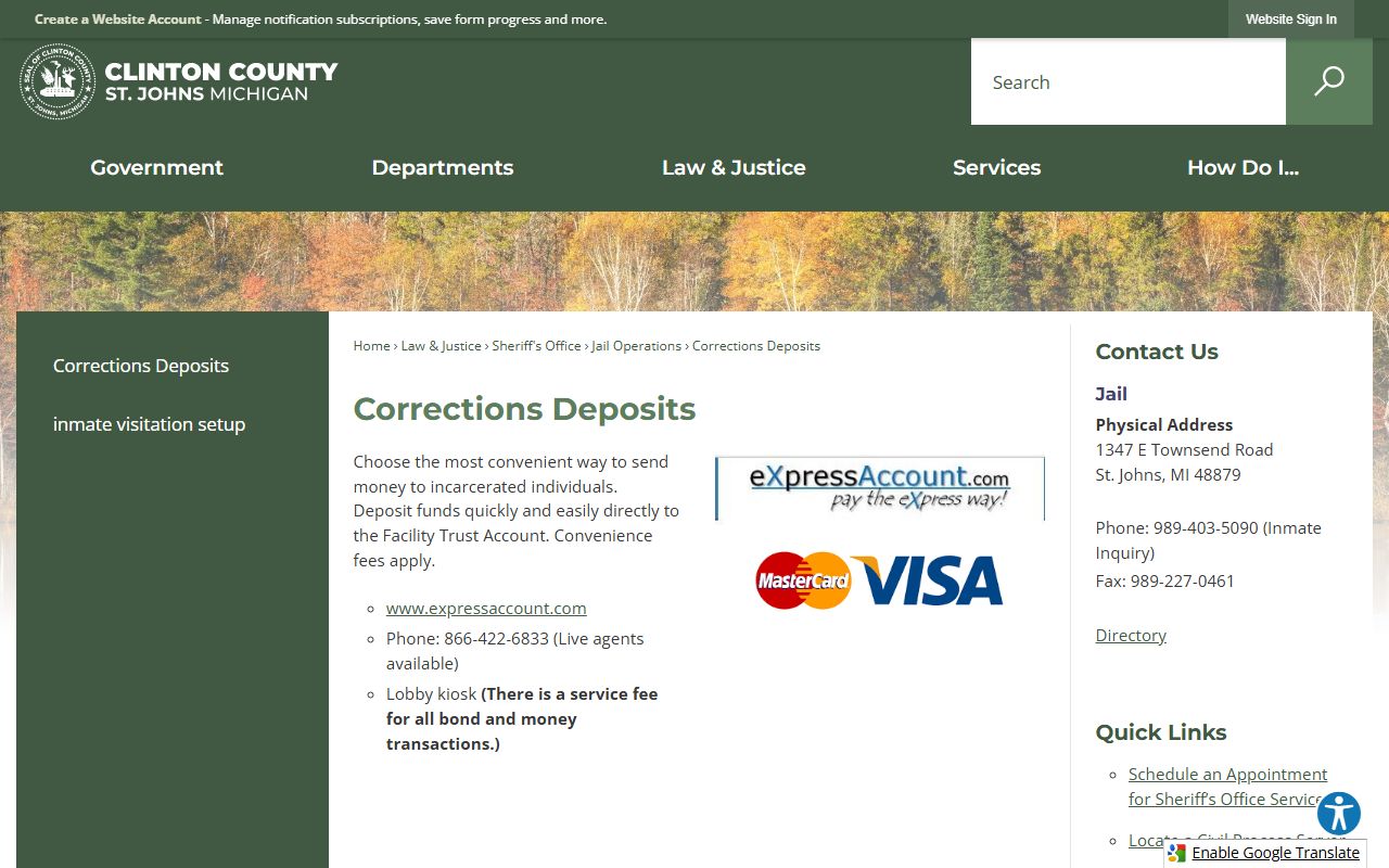 Clinton County Jail inmate money deposits and commissary page