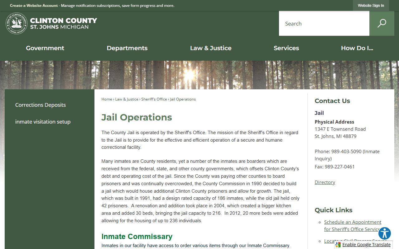 Clinton County Jail operations inmate lookup and capacity page